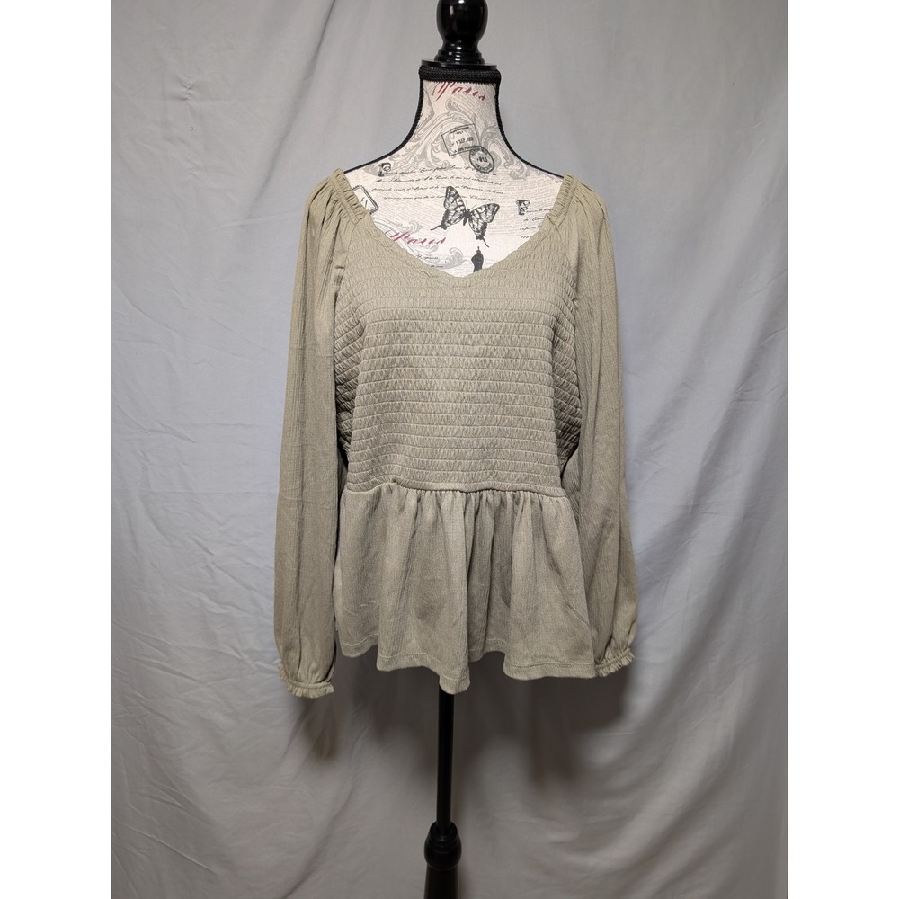 Old Navy Birch Leaf Smocked Peplum Long Sleeve Cotton Blouse New Women's XL
